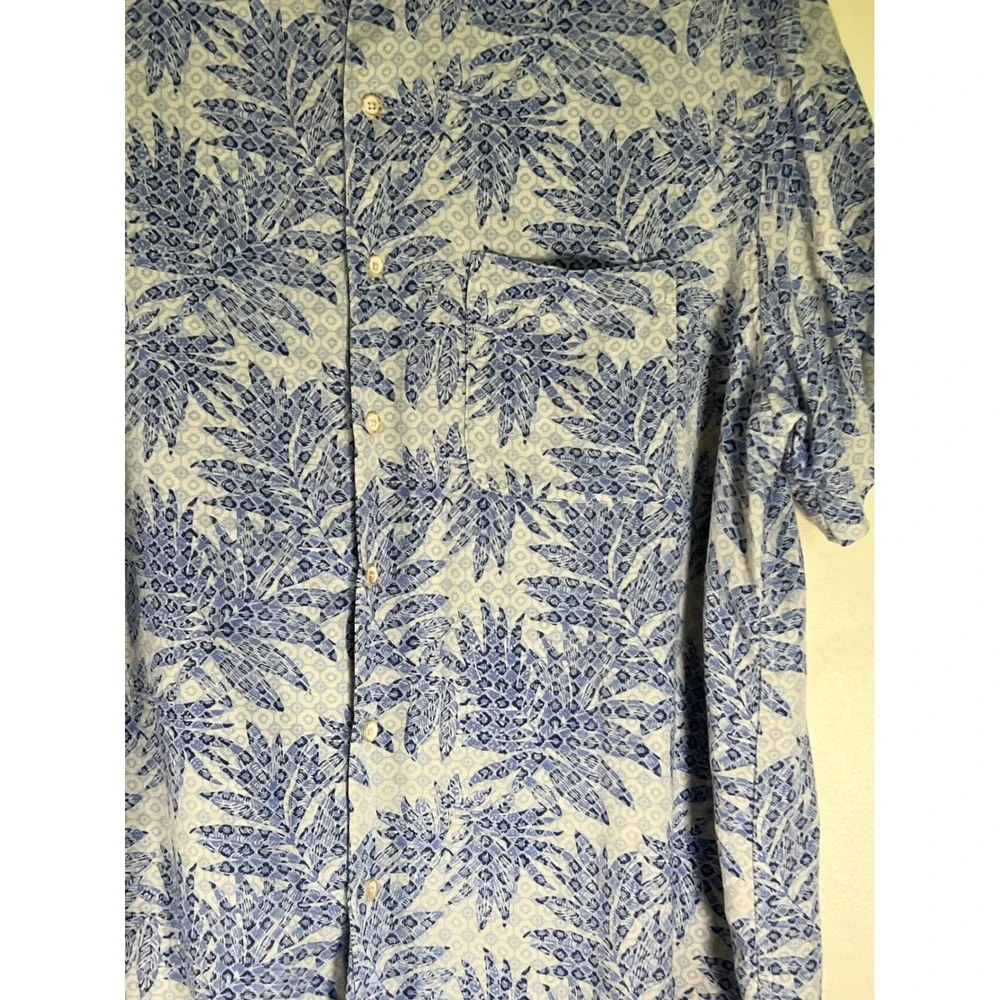 Silk Rayon Blue Floral Print Resort Vacation Short Sleeve Button‎ Down Shirt XL